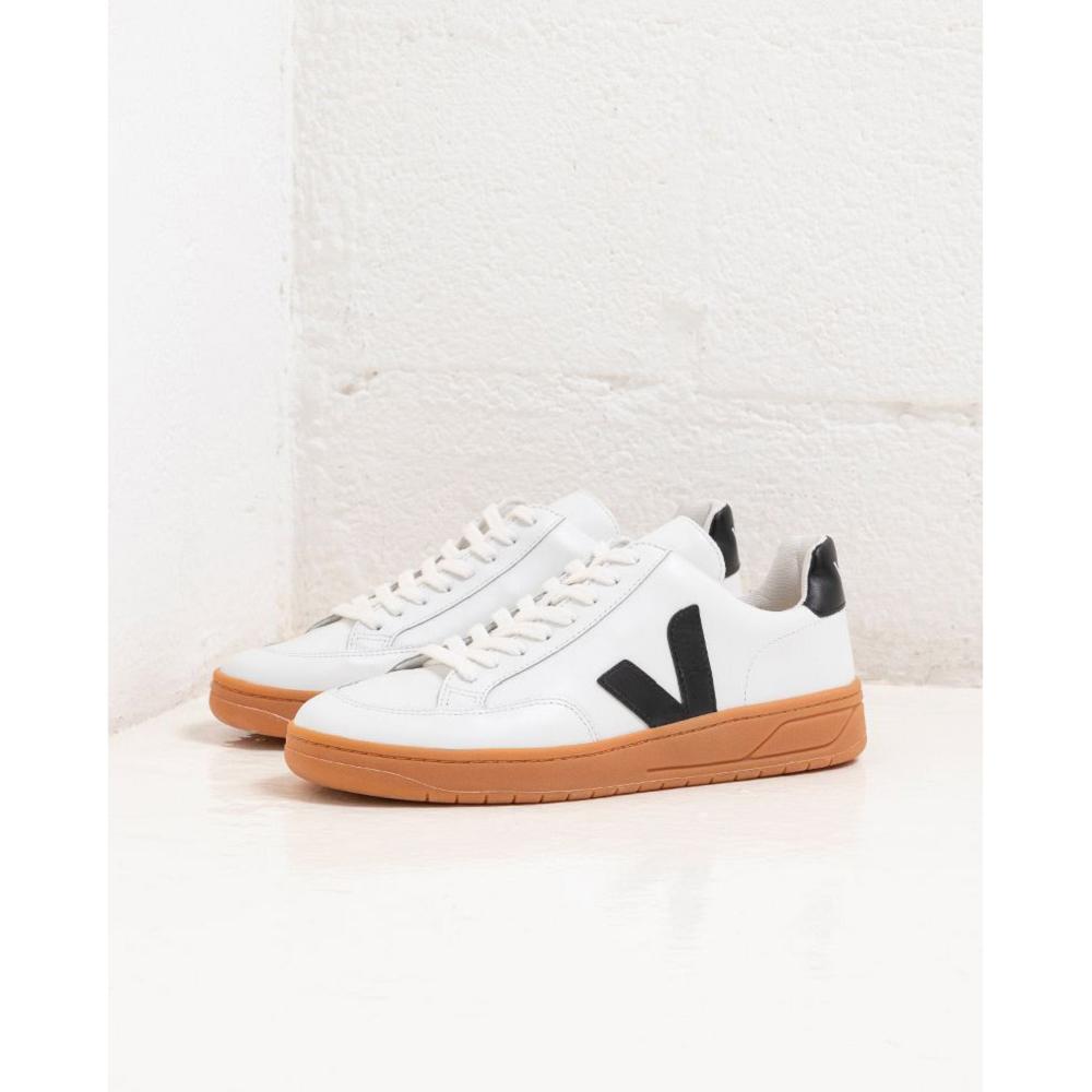 Women's Veja V-12 LEATHER Sneakers White/Black/Beige | ZA 670LIS